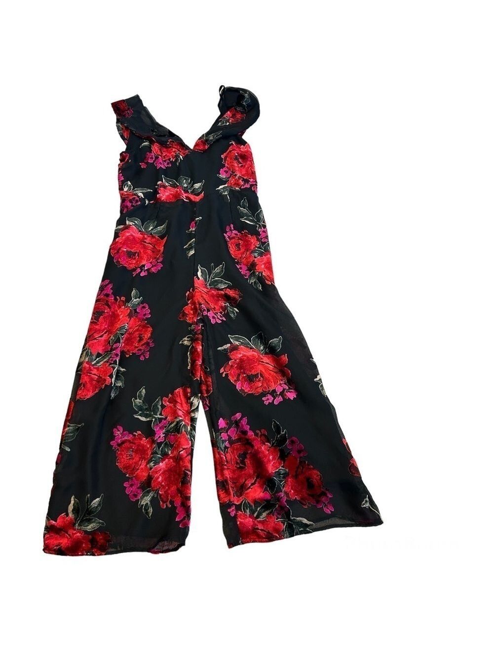 ETT:TWA by Anthropologie red black velvet floral flower jumpsuit Sz L🇨🇦